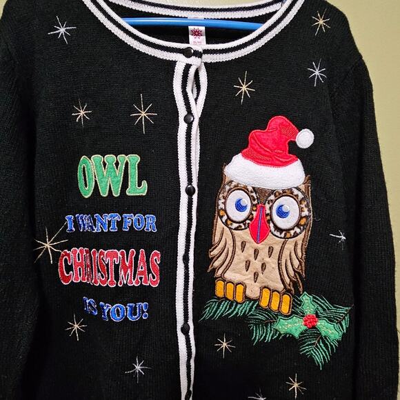 Women's Owl I Want for Christmas Is You Sweater Multi-Color Holiday Size XL - Picture 3 of 5